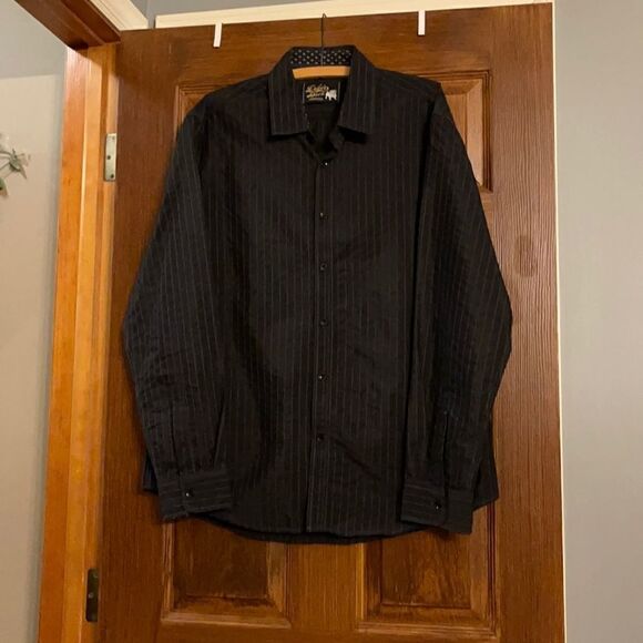 Men’s Large Black and Gray Striped Dress Shirt - Picture 1 of 8